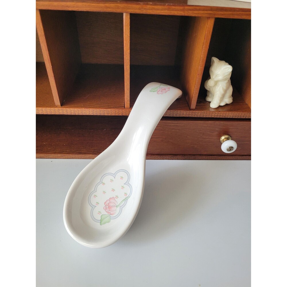 Vintage Spoon Rest White Ceramic and Pink Flowers Chintz Rose by Sango 1990s